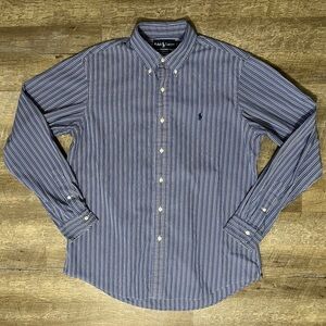 VINTAGE Polo Ralph Lauren Shirt Men Medium Blue White Ticking Stripe Oxford 90s